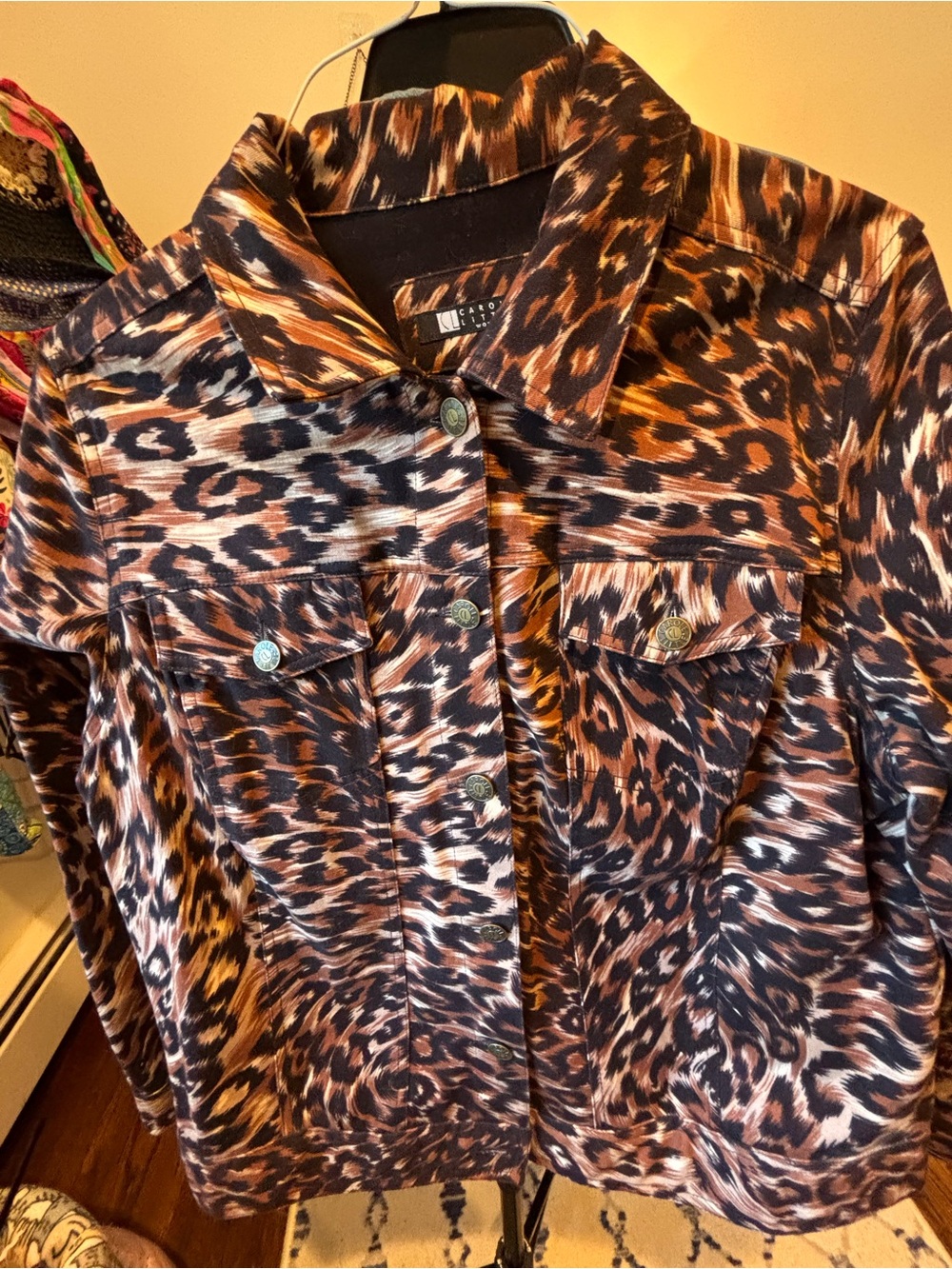 Carole Little Designer Tigre Leopard-Print Jean Jacket in Brown and Black